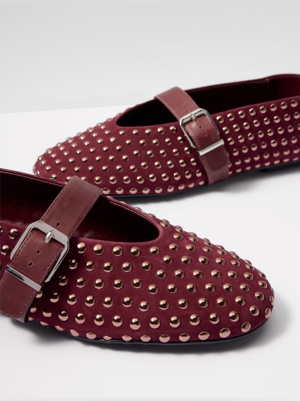 SCHUTZ Eiza Shine Vino Burgundy Studded Mary Jane Flats with Buckle